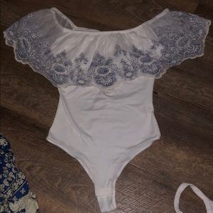 Off the shoulder White bodysuit with blue lace